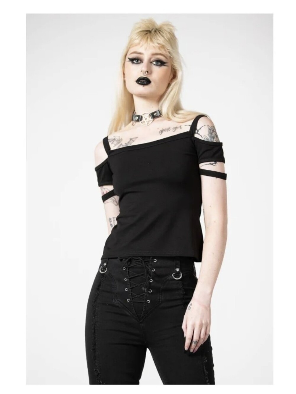 Killstar Black Huntly Bardot Cold-Shoulder Top Size Xs
